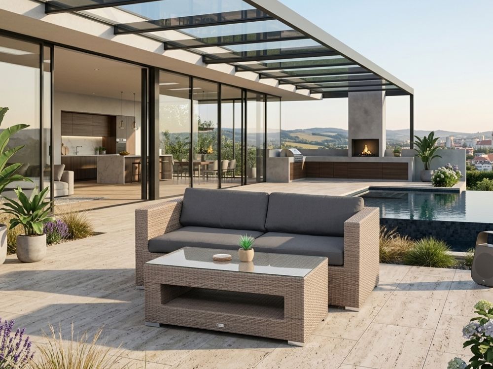 Zahradní set - sofa ALLEGRA pro 2 osoby se stolkem, šedobéžový umělý ratan 166cm