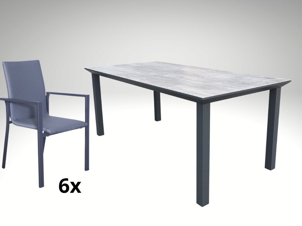 Hliníkový nábytek: stůl Florance 180cm keramická deska a 6 stohovatelných křesel Jony