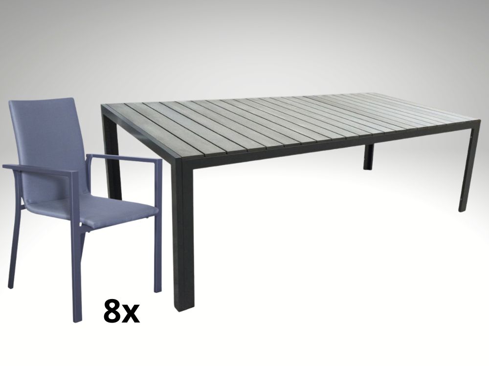 Hliníkový zahradní nábytek: stůl Jerry 220cm tmavě šedý a 8 stohovatelných křesel Jony