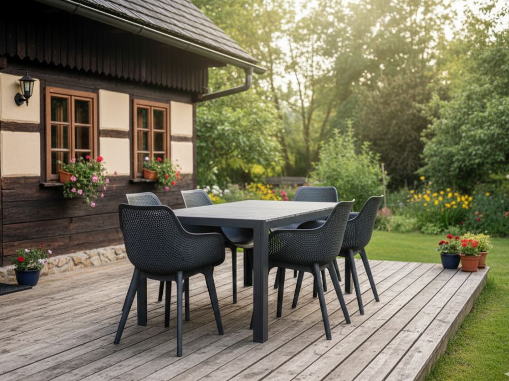 Hliníkový nábytek: stůl Jersey 160cm šedý a 6 designových křesel Jasper