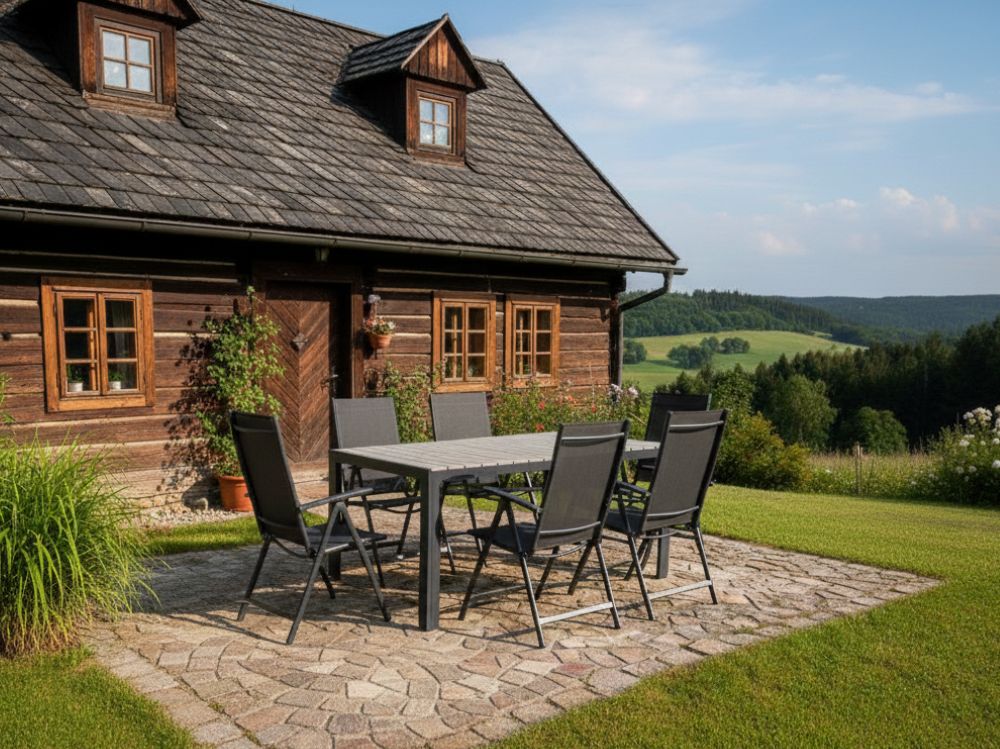 Hliníkový zahradní nábytek: stůl Jersey 160cm pískový a 6 polohovacích křesel Palermo