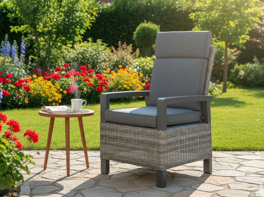 Polohovatelné zahradní křeslo Preston s vysokou opěrkou, kulatý šedý umělý ratan a hliník