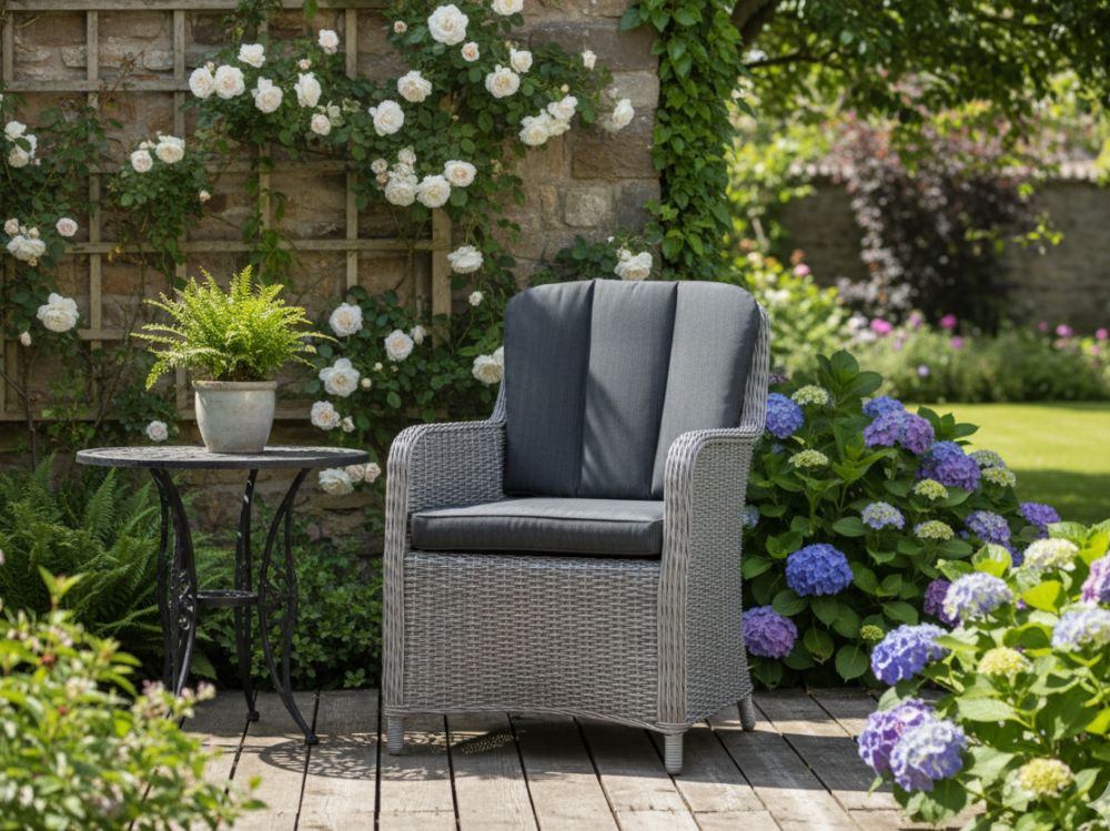 Exkluzivní zahradní křeslo Manchester, kulatý šedý umělý ratan, hliník
