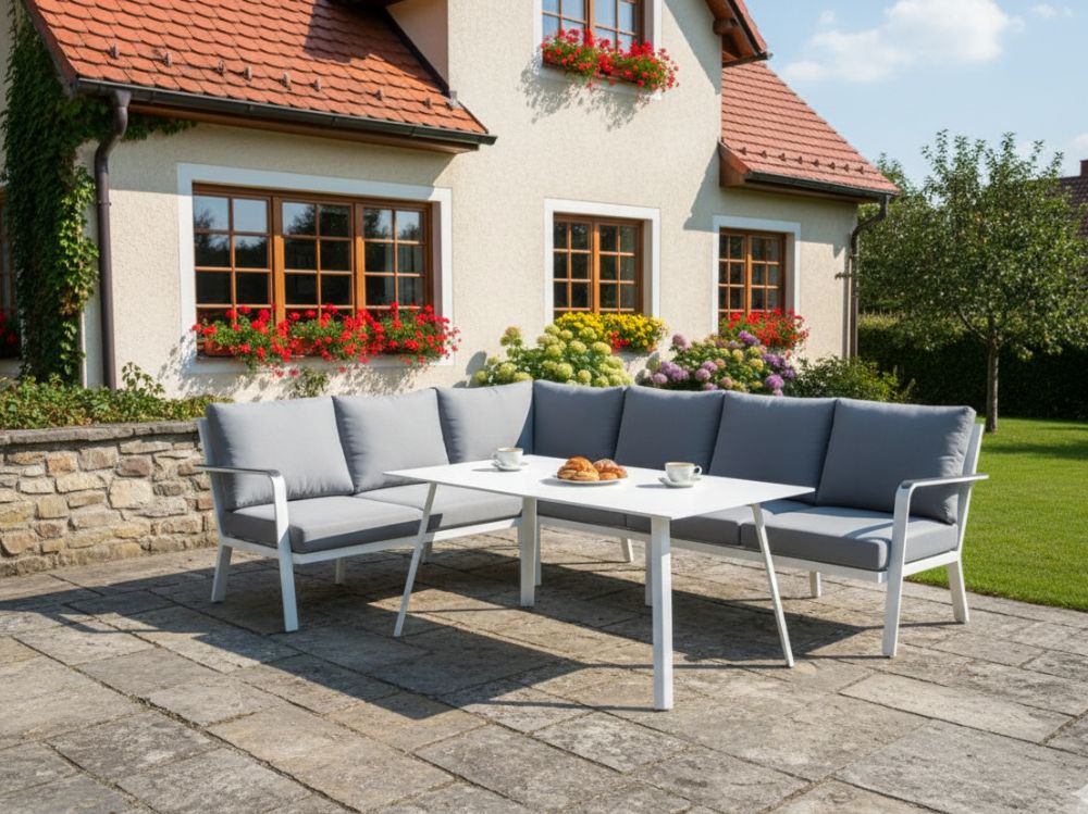 Zahradní set – hliníková sedací a jídelní souprava Sanchez 2v1 bílá 5 osob 268x207cm