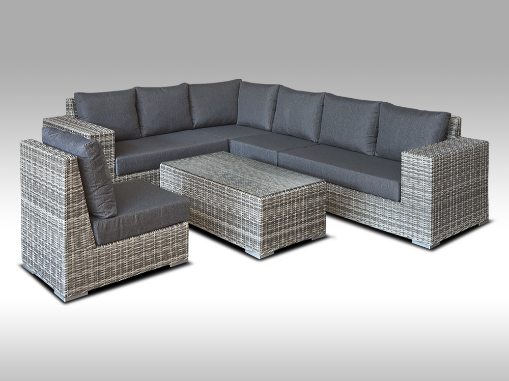 Zahradní set – exkluzivní souprava Bianca 5 pro 7 osob, kulatý šedý umělý ratan 303x240cm