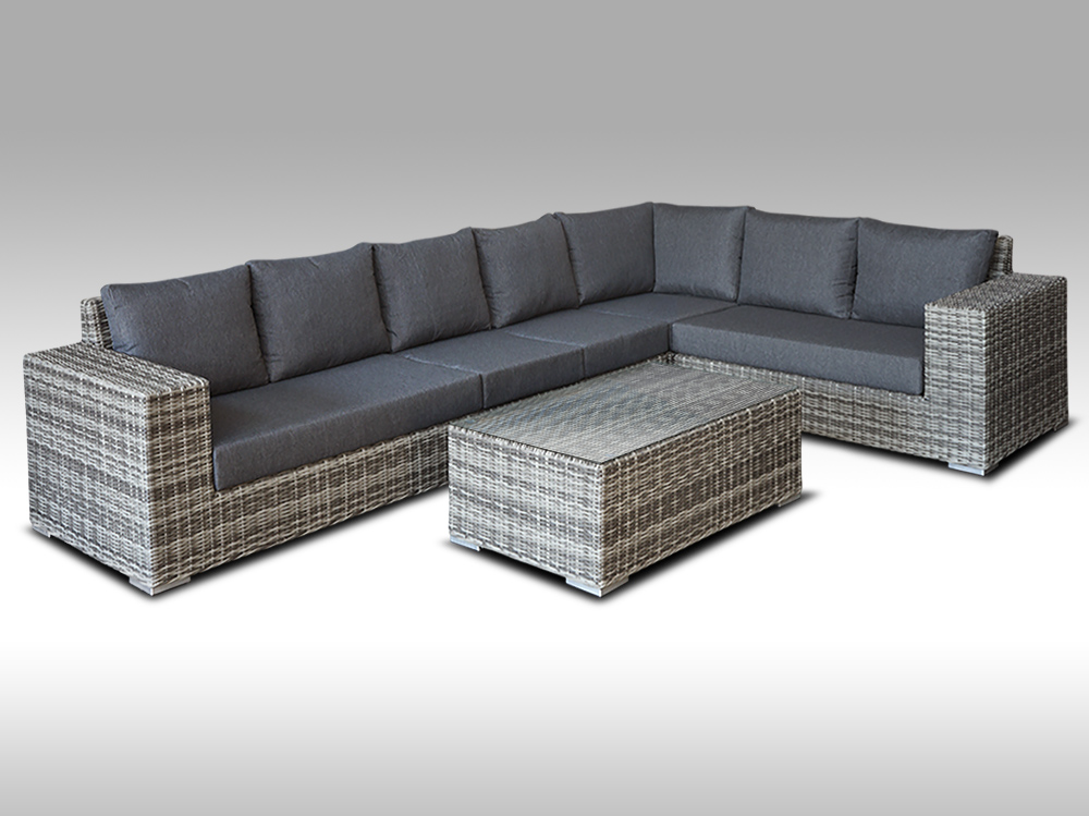 Zahradní set – exkluzivní souprava Bianca 8 pro 7 osob, kulatý šedý umělý ratan 240x366cm