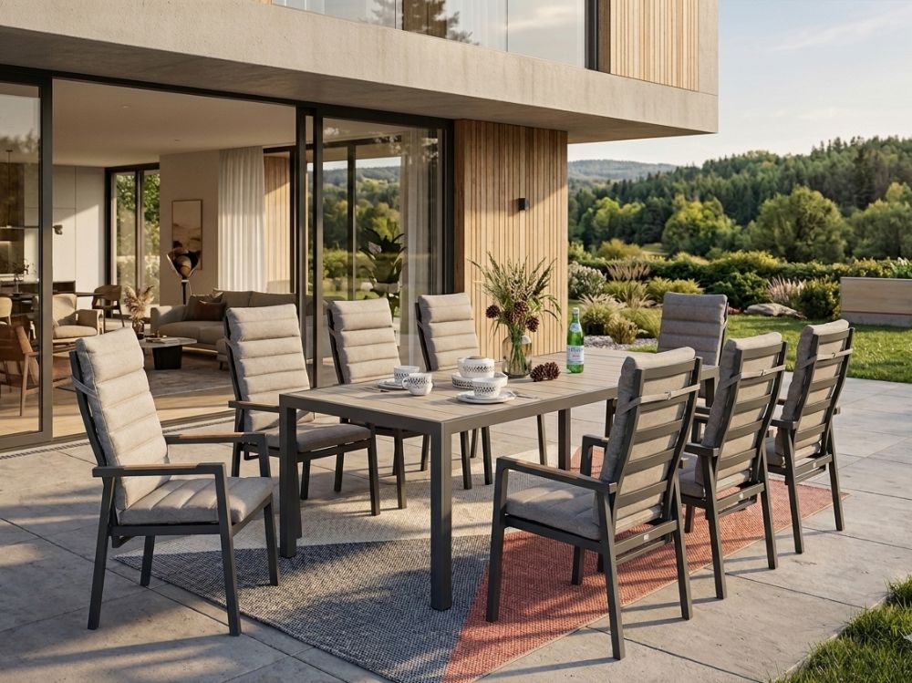 Hliníkový zahradní nábytek stůl Bergamo 217cm a 8 velkých polohovatelných křesel Donna