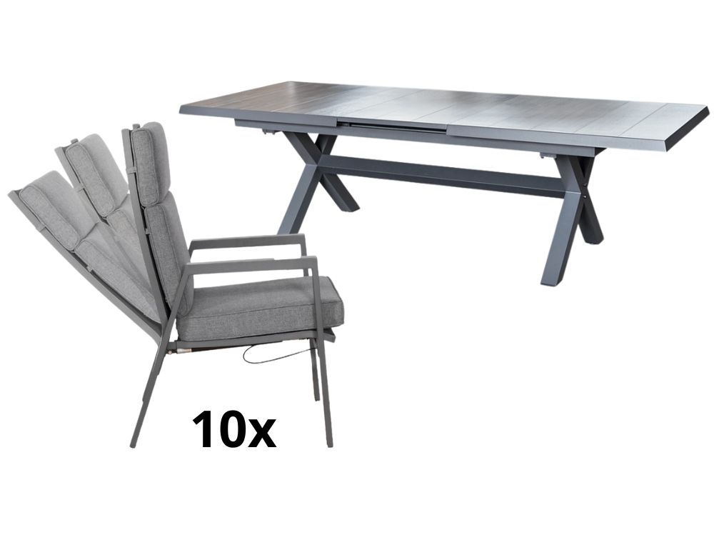 Zahradní set: rozkládací stůl Gerardo 205/265cm a 10 velkých polohovatelných křesel Milano