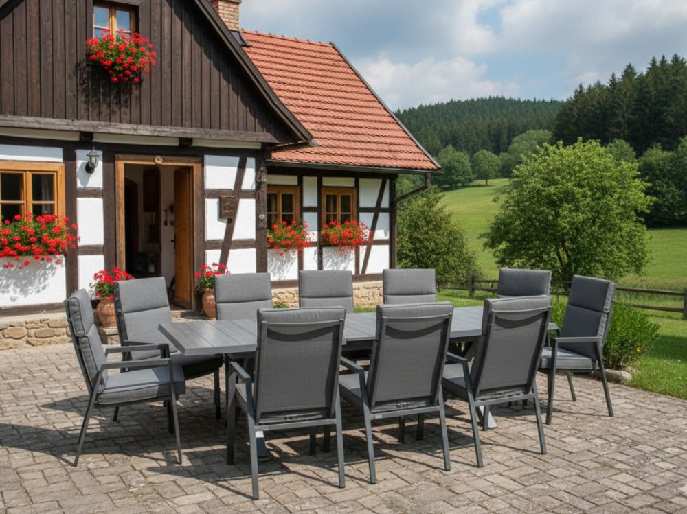 Zahradní set: rozkládací stůl Gerardo 205/265cm a 10 velkých polohovatelných křesel Milano