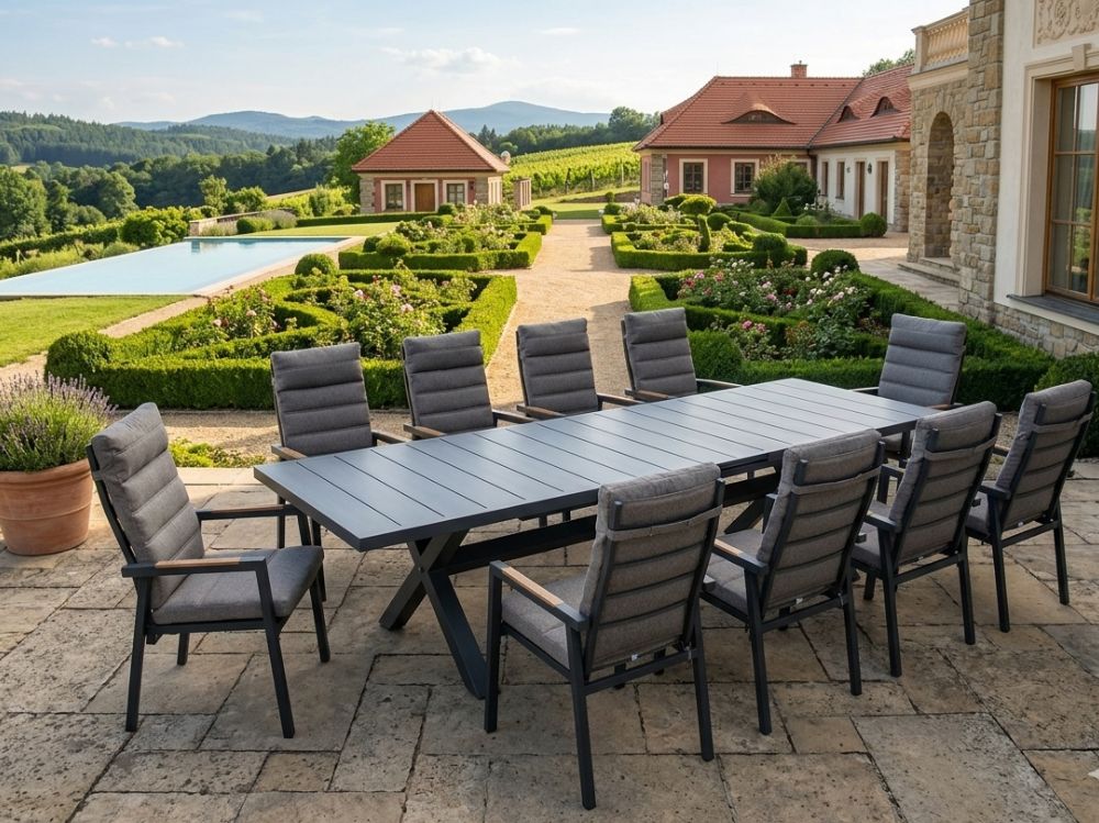 Zahradní set: rozkládací stůl Gerardo 205/265cm a 10 velkých polohovatelných křesel Donna
