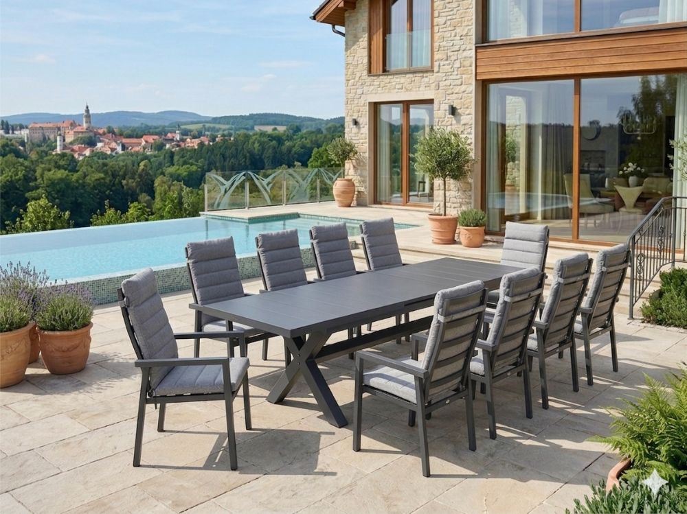 Zahradní set: rozkládací stůl Gerardo 205/265cm a 10 velkých polohovatelných křesel Marvin