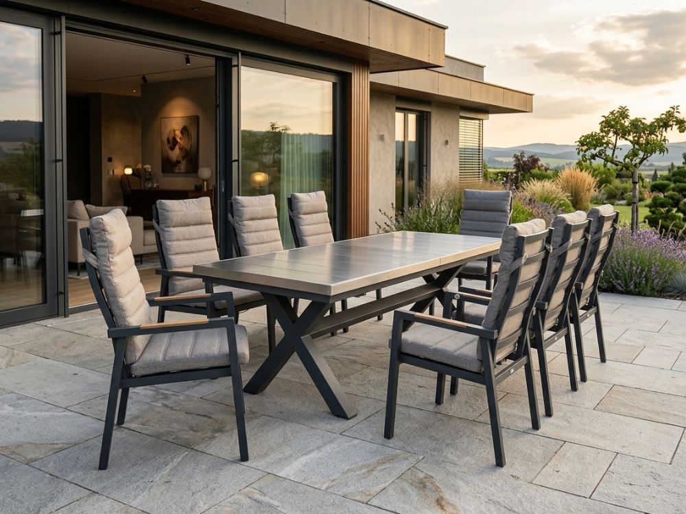 Zahradní set: rozkládací stůl Gerardo 205/265cm a 8 velkých polohovatelných křesel Donna