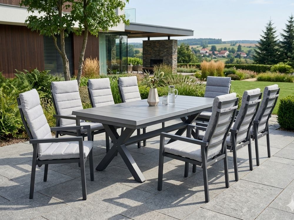 Zahradní set: rozkládací stůl Gerardo 205/265cm a 8 velkých polohovatelných křesel Marvin