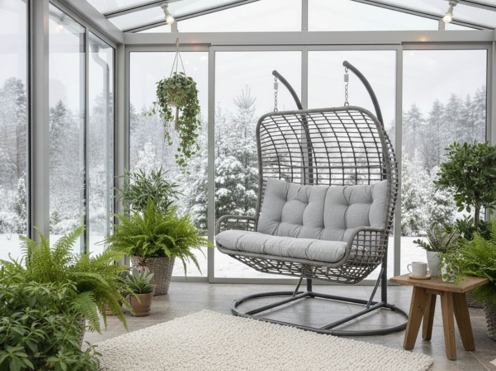 Závěsné křeslo pro 2 osoby – zahradní houpačka Elza, šedý umělý ratan